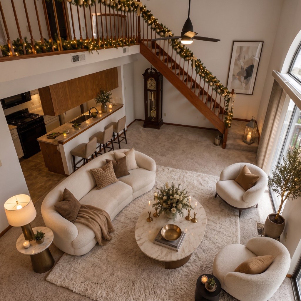 Furnished York Woods Center living room with open staircase, arched window, and adjoining kitchen.
