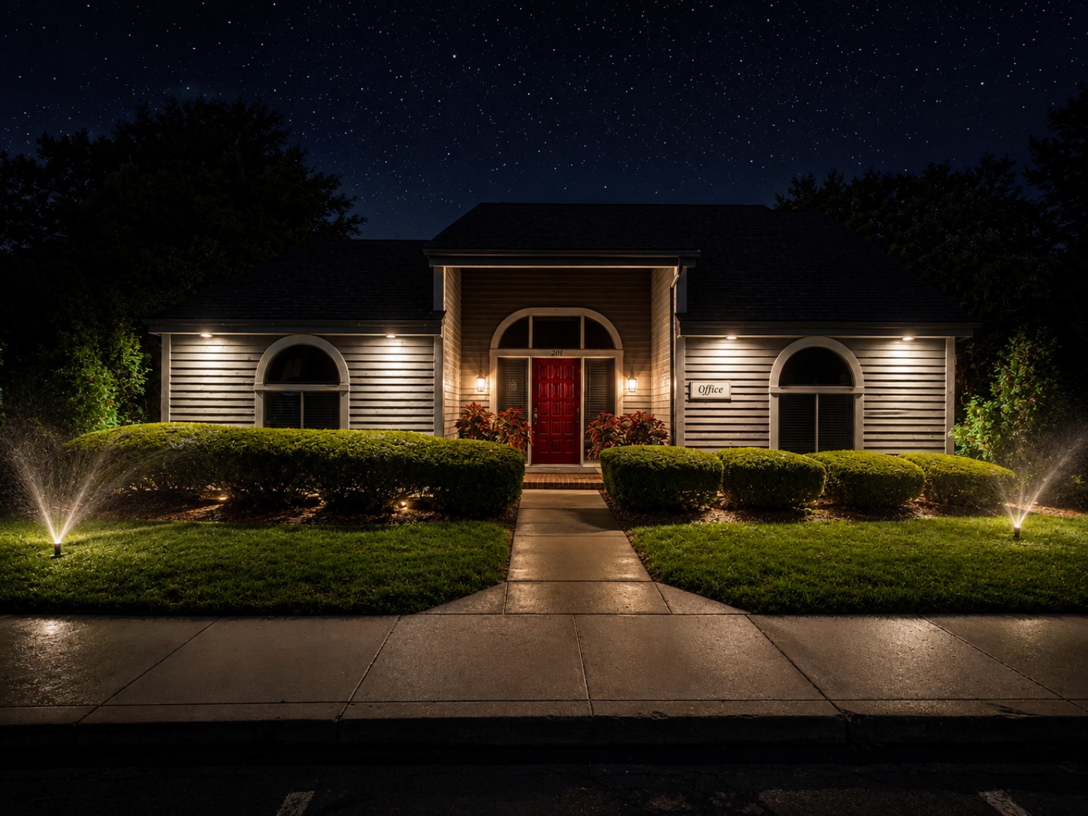 York Woods Community Center exterior at night with illuminated entrance and landscaped walkway.