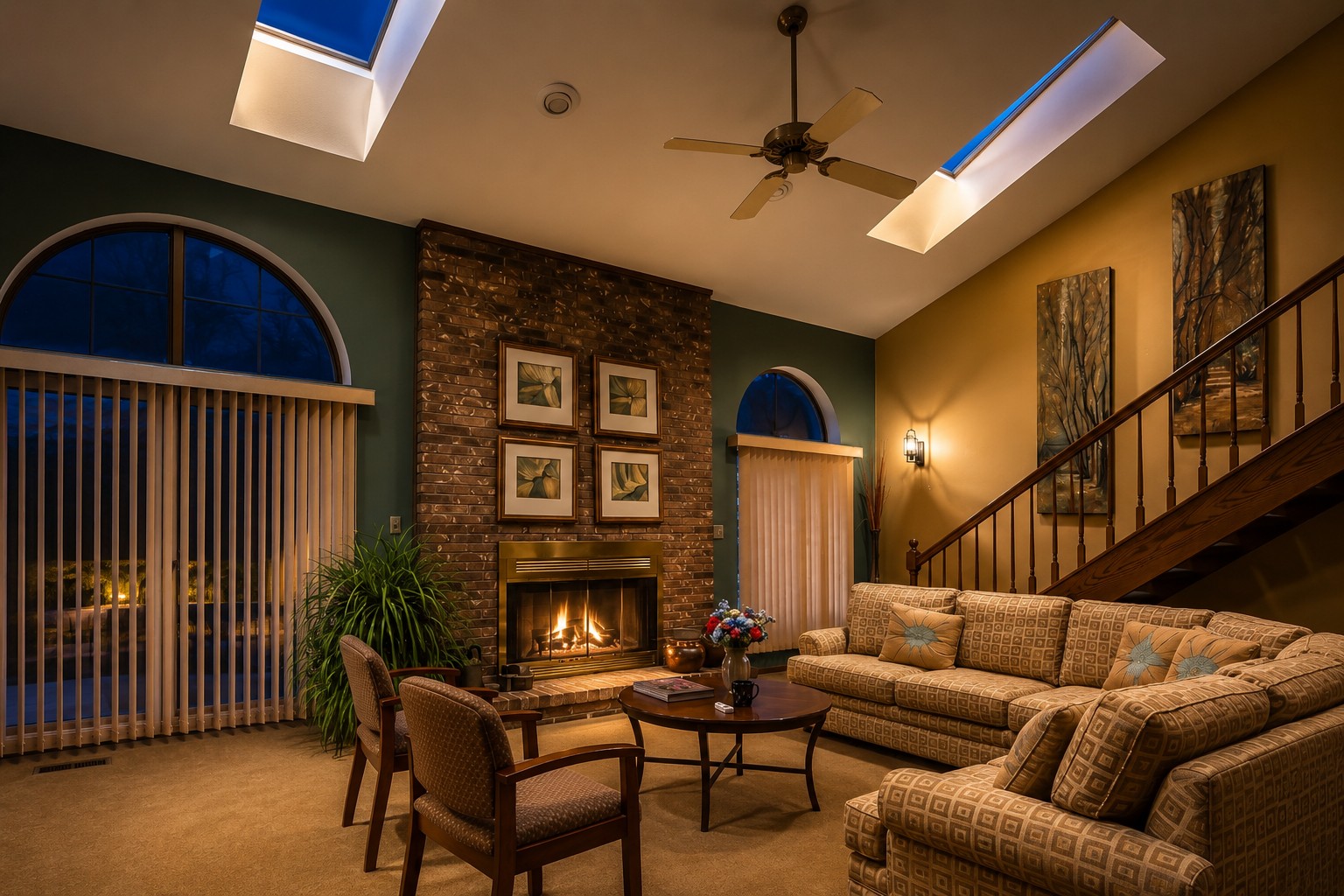 York Woods Community Center fireside room with arched windows, skylights, staircase and comfortable seating.