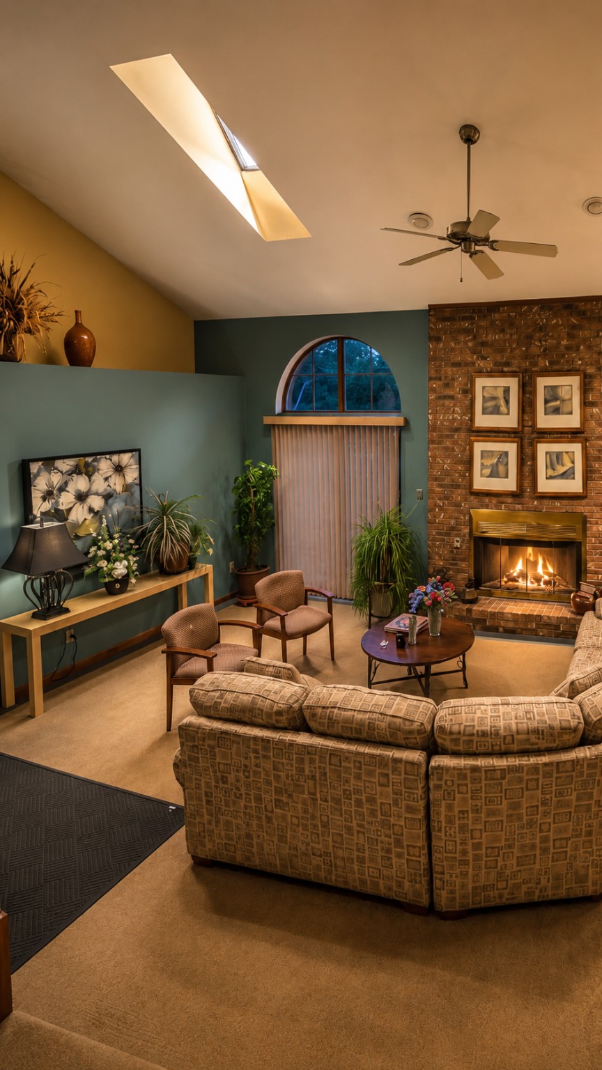 Warmly lit York Woods Community Center interior with fireplace, arched window, comfortable seating and skylights.