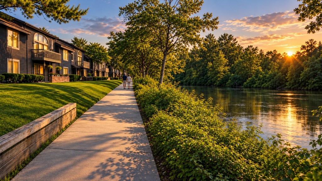 York Woods Center riverwalk beside the Elkhart River at sunset