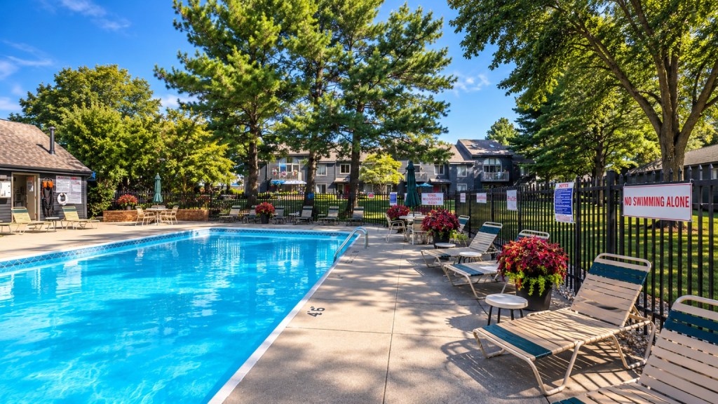 Heated swimming pool and landscaped courtyard at York Woods Center