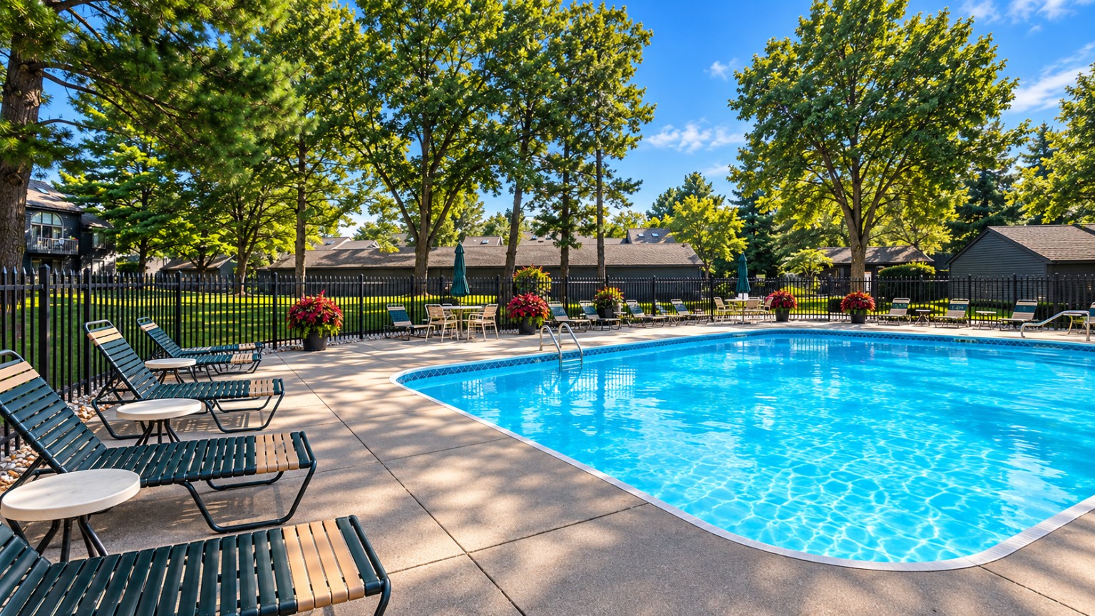 York Woods Center heated swimming pool with shaded patio lounge seating.
