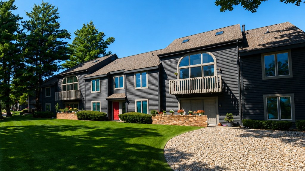 York Woods Center apartment buildings and landscaped grounds