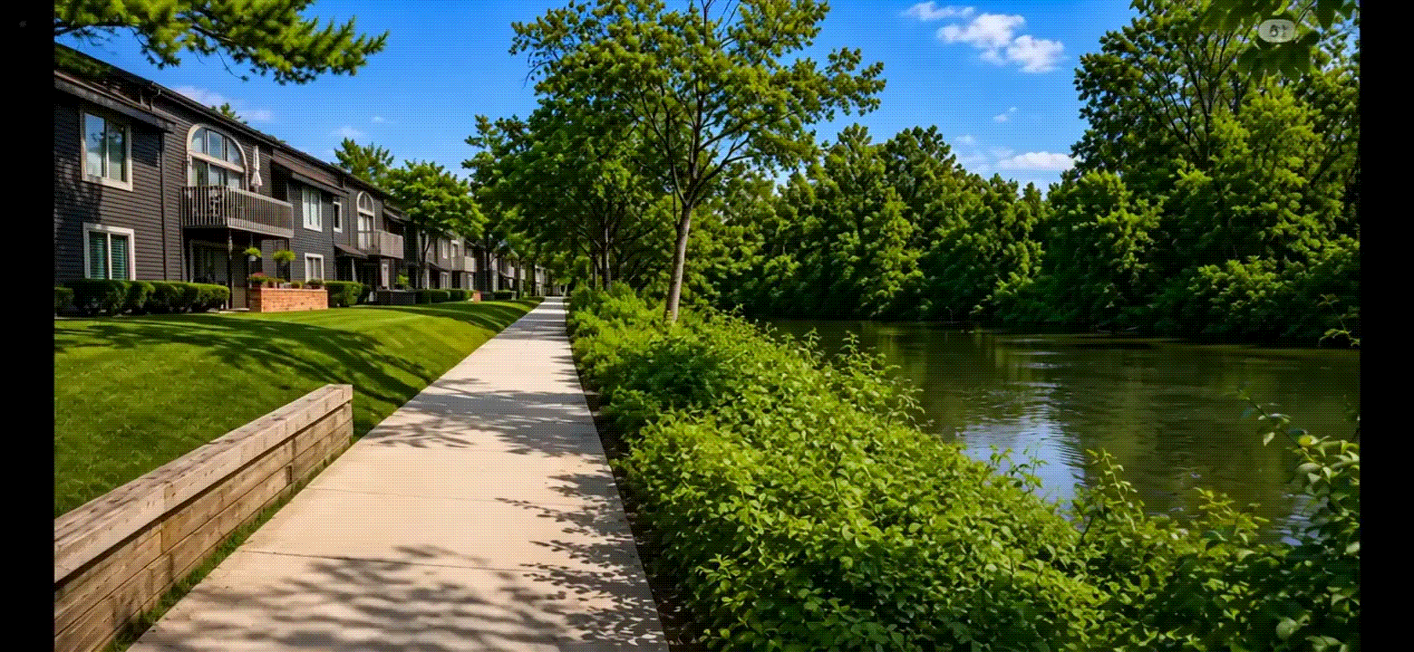 York Woods Center residences and riverwalk beside the Elkhart River.